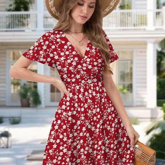 Women Summer Floral Sundress Plus Size Wrap V-Neck Ruffle Short Sleeves - Picture 5 of 6